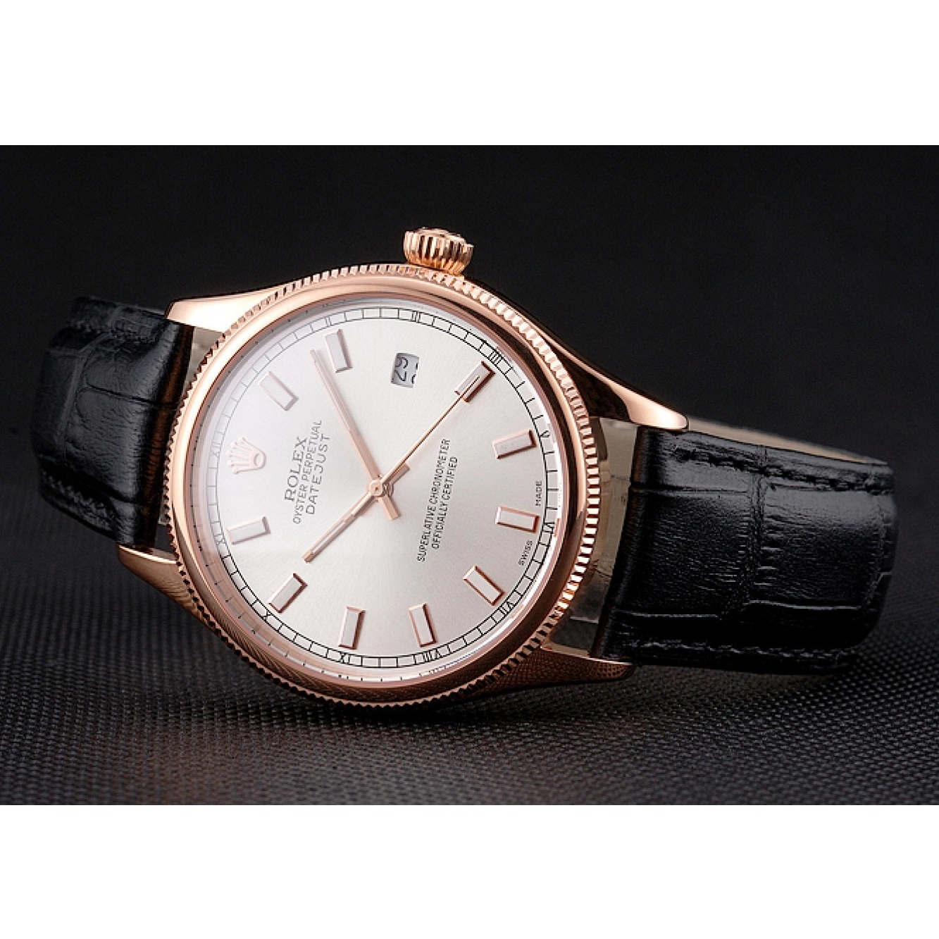 Aaa fake watches Black Datejust Gold Strap Swiss Rose Dial Leather Rolex Case White 0728